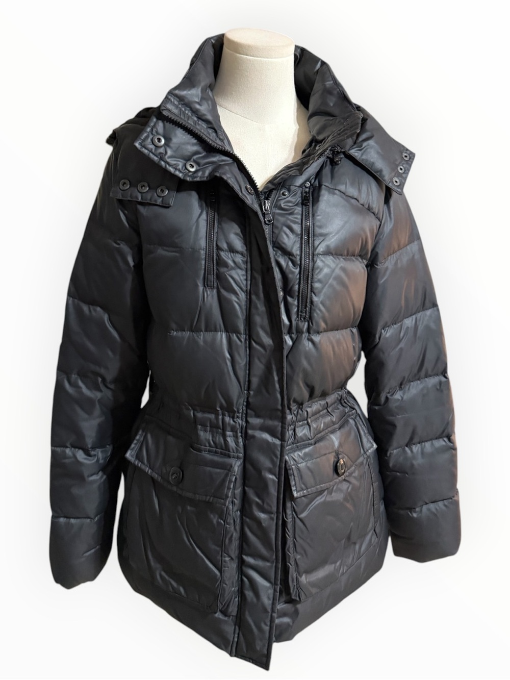 RALPH LAUREN Black Quilted Puffer Coat Jacket Winter Snow Hood M Down Feather